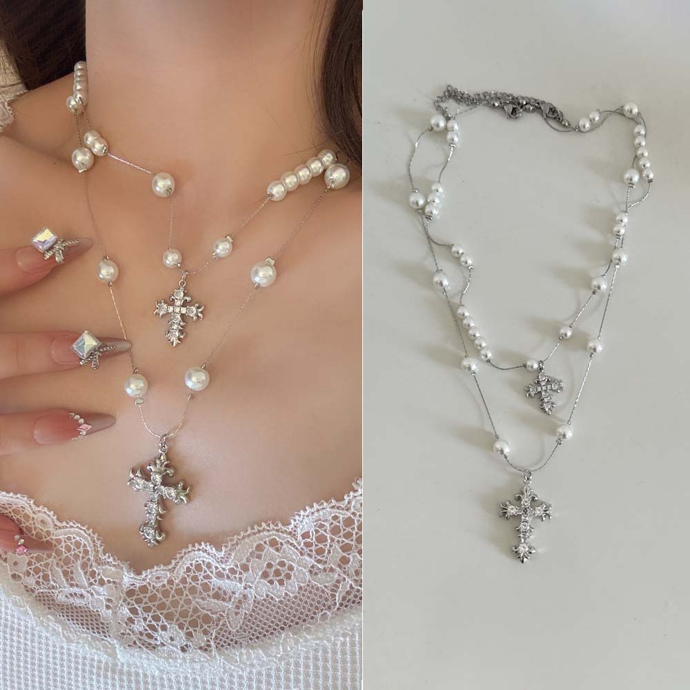 复古满天星镶钻十字架珍珠项链女