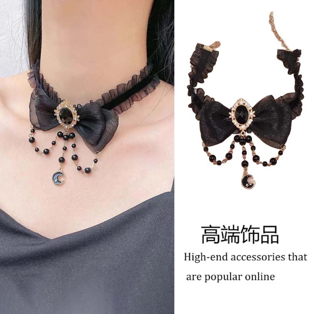 法式复古黑色蕾丝蝴蝶结项链女款