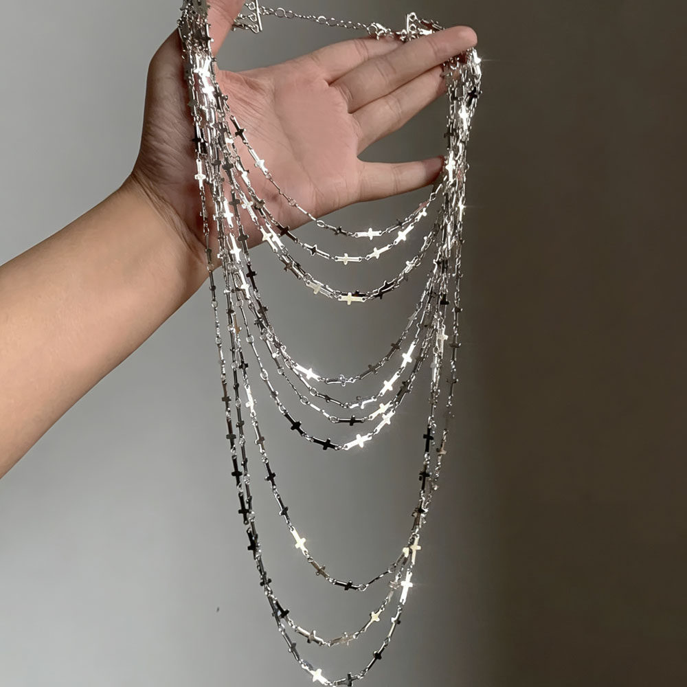 朋克多层叠戴金属十字架项链小众独特时髦长款毛衣链复古个性颈链