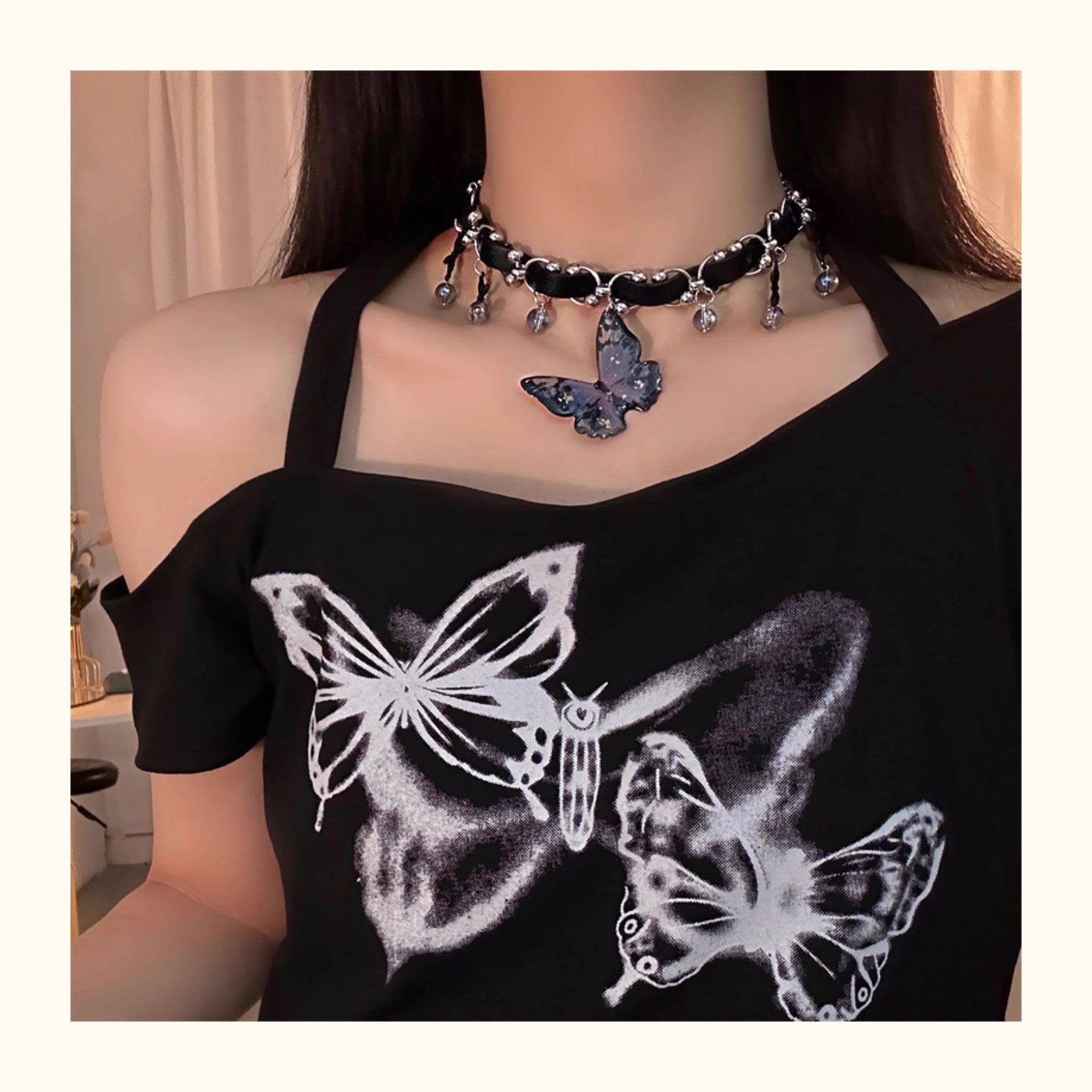 黑色皮质蝴蝶项链女甜酷辣妹y2k