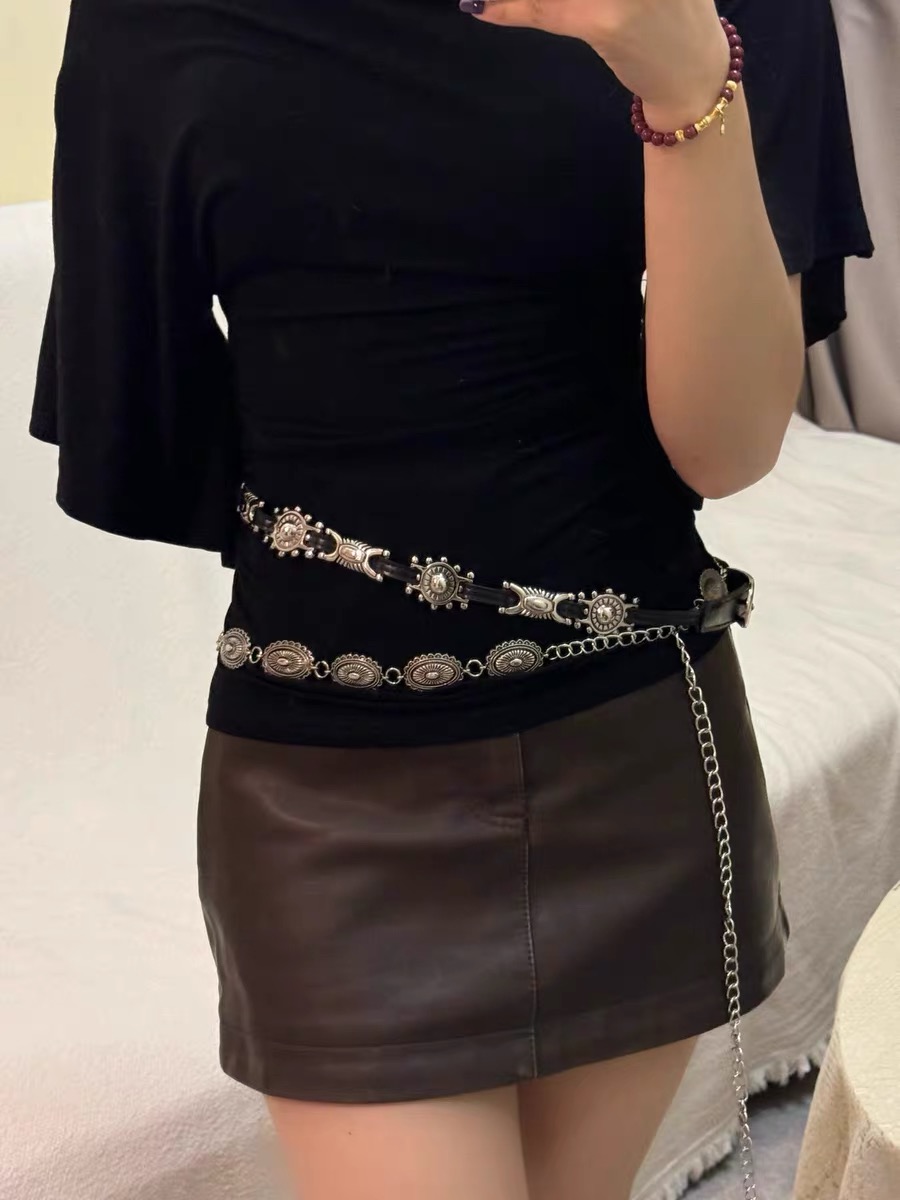 辣妹金属复古雕花皮质腰带腰链