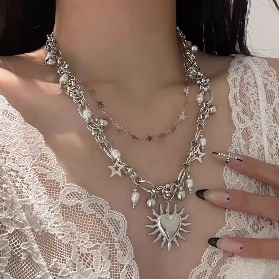 多层叠戴星星亮片珍珠爱心项链女
