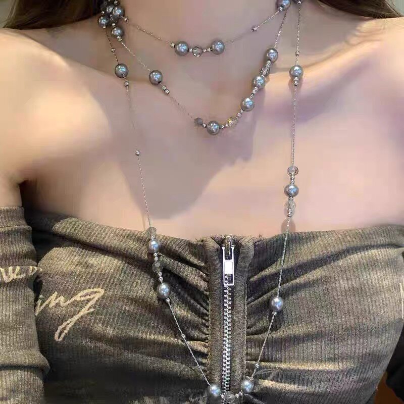 新款长款叠戴满天星灰色珍珠项链女轻奢高级感毛衣链设计感锁骨链