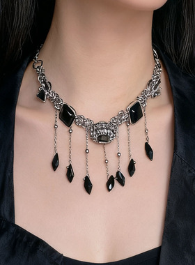 欧美复古黑色水晶流苏项链女