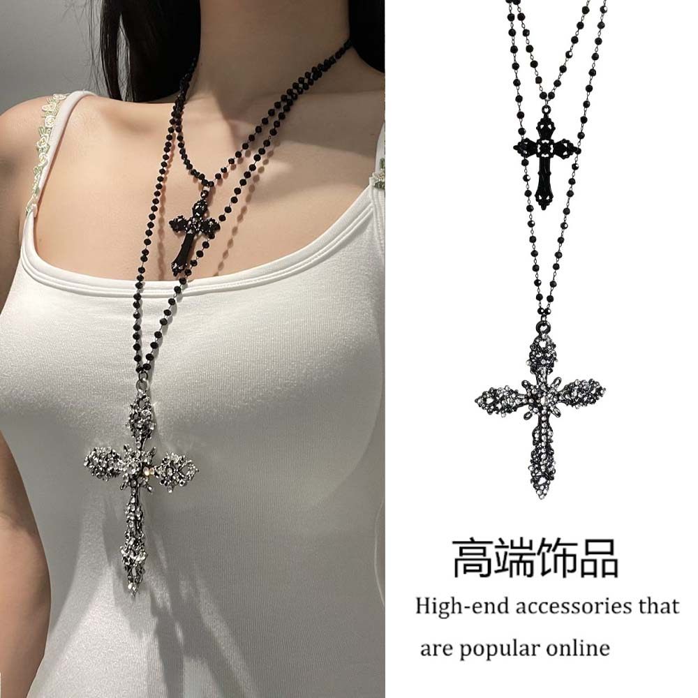 中古亚文化长款镶钻十字架项链女