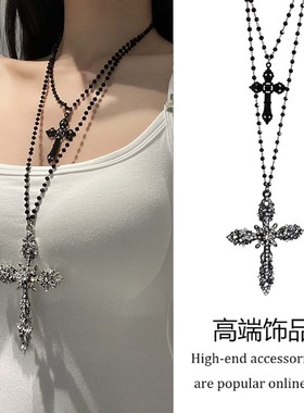 中古亚文化长款镶钻十字架项链女