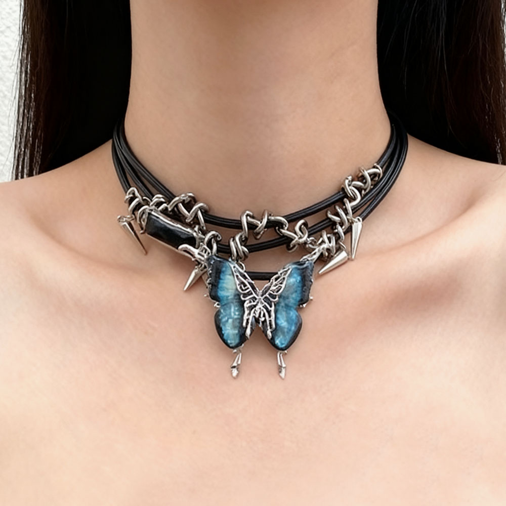 哥特朋克多层皮质渐变蝴蝶项链女