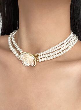轻奢高级感多层珍珠山茶花项链女