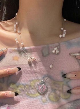 双层粉色珍珠爱心十字架项链女款