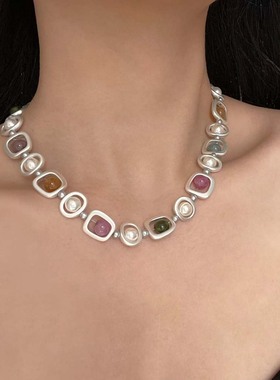 时尚简约几何方块彩色串珠项链女