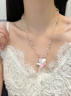 甜美可爱粉色kt猫咪吊坠项链女款