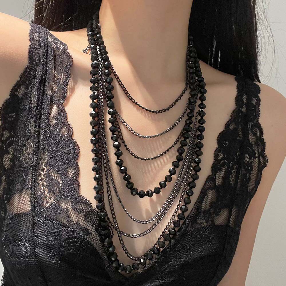夸张复古长款黑曜石串珠项链女款图片
