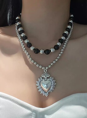 欧美复古双层金属串珠爱心项链女