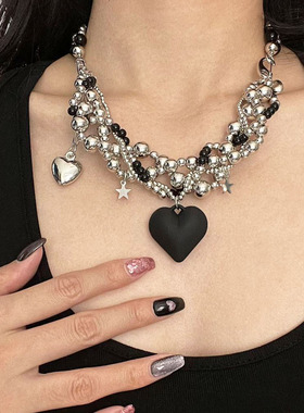 欧美复古重工爱心金属串珠项链