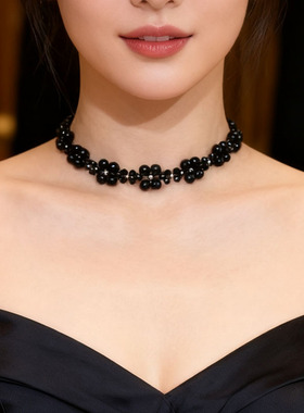 暗黑复古水晶编织花朵项链女