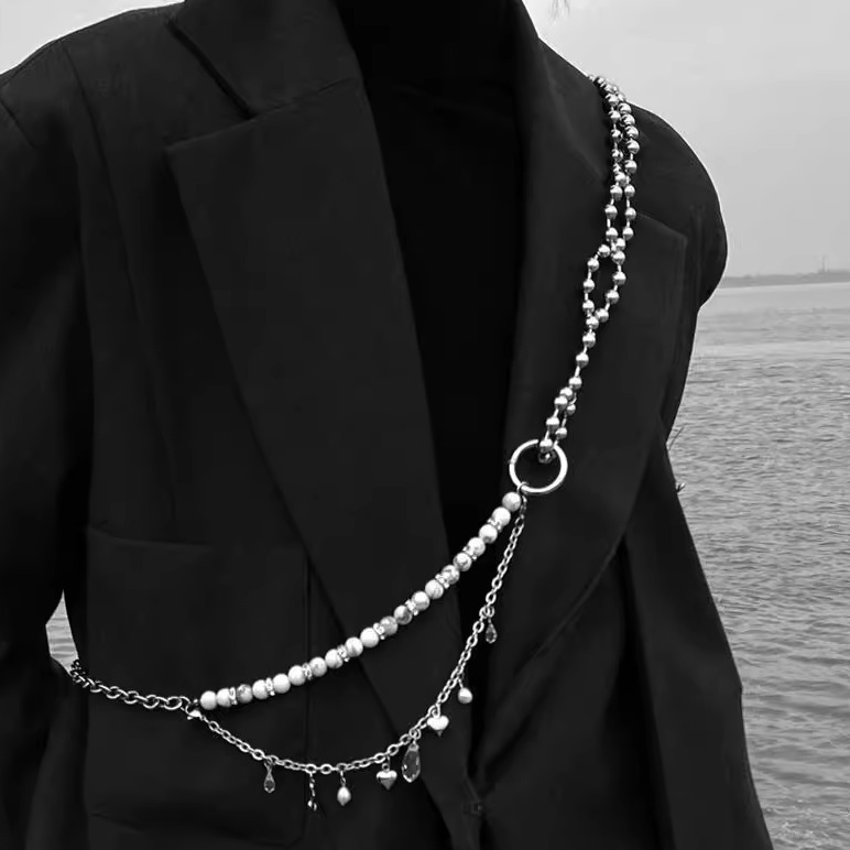 流苏水滴爱心吊坠双层珍珠腰链女