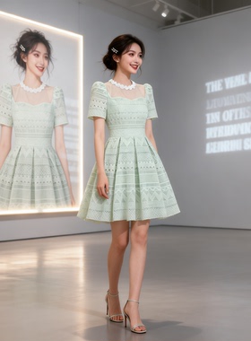 法式甜美风方领蕾丝连衣裙女收腰显瘦小个子短裙夏45553