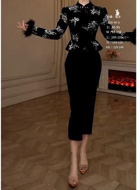 【十七原创】黑色·新中式秋冬收腰显瘦气质蕾丝名媛裙子65585