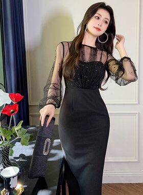 法式轻奢连衣裙2025年气质减龄温柔风网纱泡泡袖收腰包臀裙20876