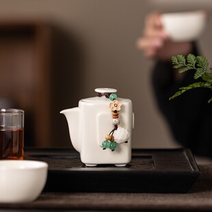 汝窑茶壶仿汝四方壶单壶陶瓷防烫家用功夫茶具泡茶器一人用手抓壶