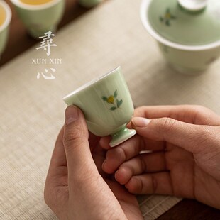 寻心秘青纯手绘陶瓷高足茶杯主人杯家用品茗杯个人专用杯功夫茶具
