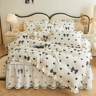 全棉床裙夹棉四件套公主风蕾丝花边防滑加厚床罩被套四季 法式 通用