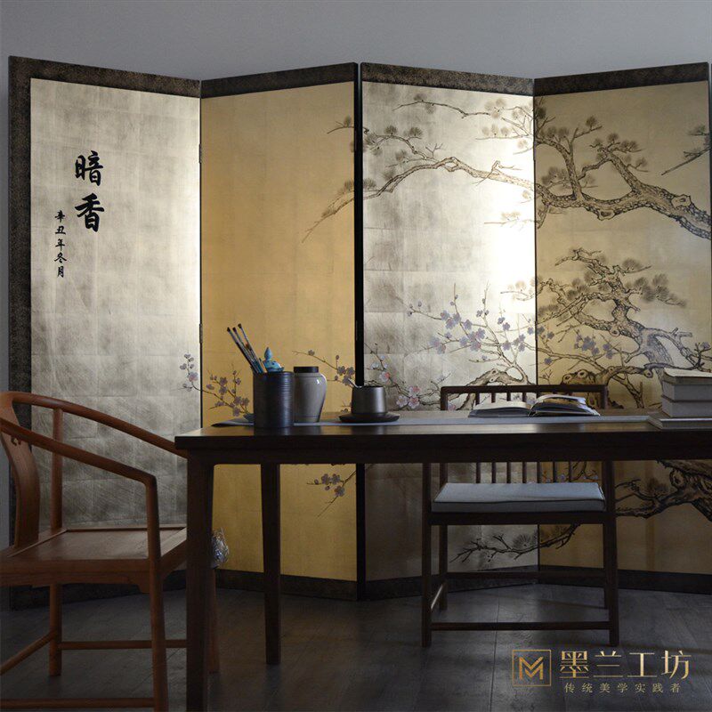 中式传统金箔手绘古松漆画中古屏风卧室遮挡家用X隔断背景装饰