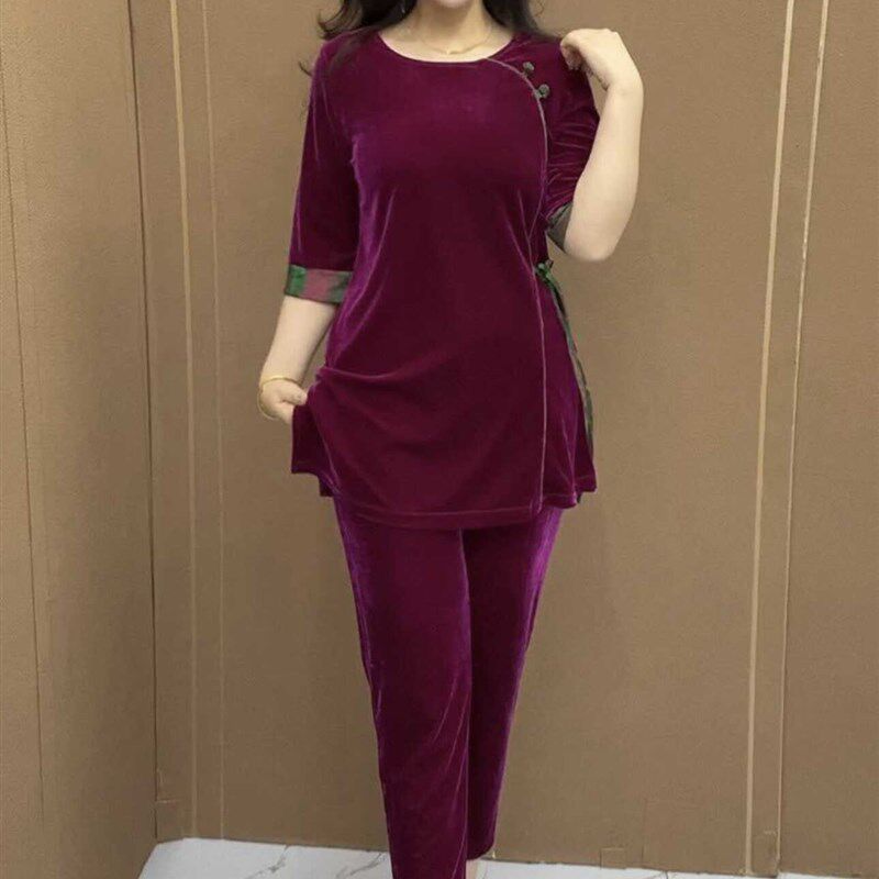 金丝绒套a装女2024新款夏季妈妈时尚百搭盘扣洋气大码阔腿裤两件