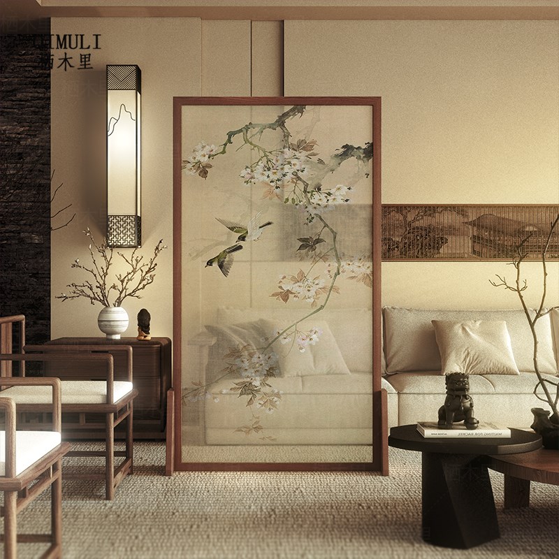 新中式客厅玄关入户实木屏风宋氏美学花鸟隔断餐厅可移动遮挡座屏