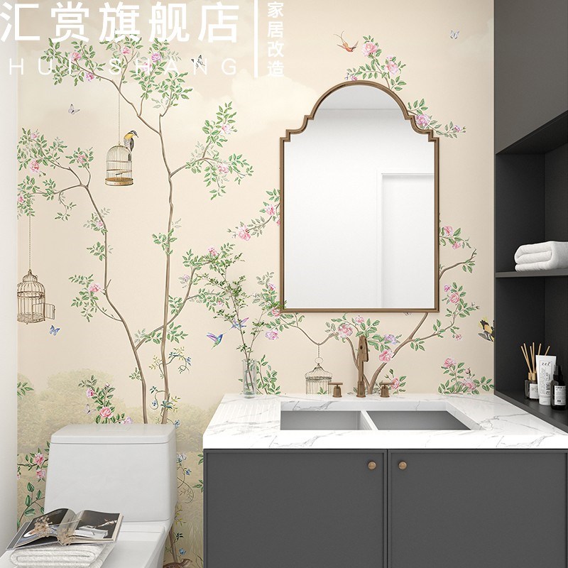 美式田园花鸟壁纸自粘防水可擦洗墙纸中式屏风改造卫生间遮丑贴纸