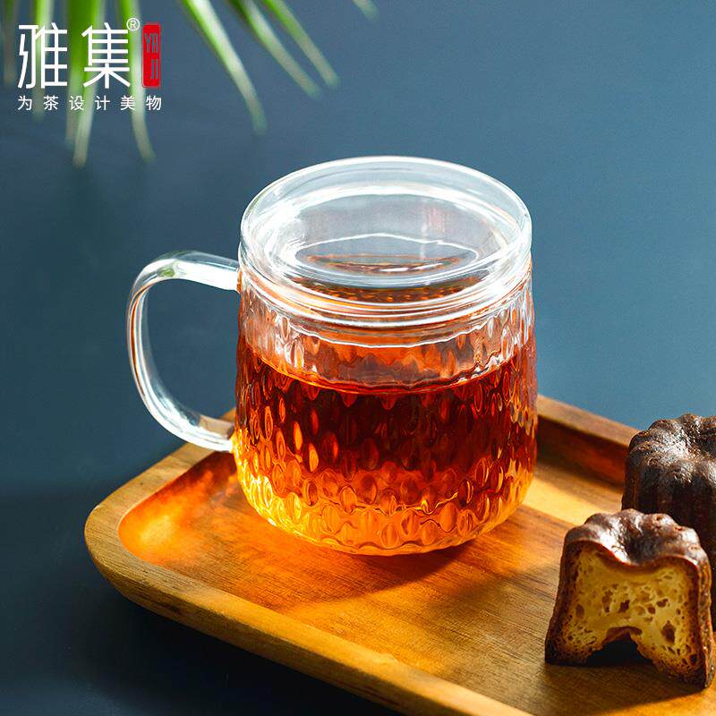 雅集耐热玻璃锤纹过滤泡茶杯茶水分离带盖带O内胆男女士办公喝茶
