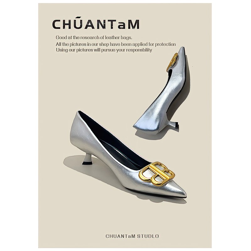 双b金属扣尖头低跟单鞋女2024秋冬新款法式气质银色高跟鞋女细跟