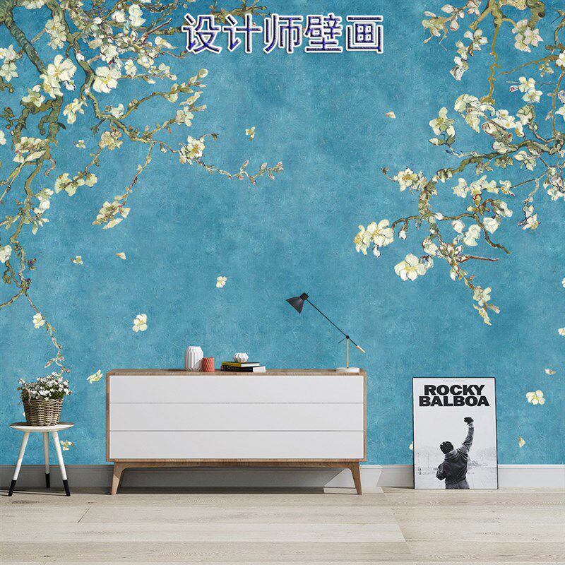 新中式现代简约墙纸蓝色杏花沙发电视背景墙壁纸古典水墨花鸟壁画