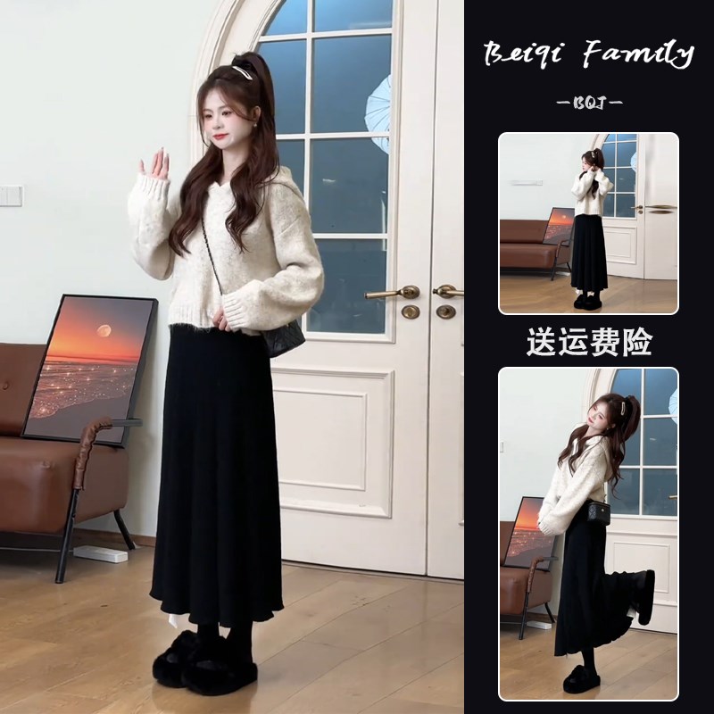 小个子减龄漂亮洋气套装裙秋冬z高级感韩系时尚连帽毛衣显瘦两件