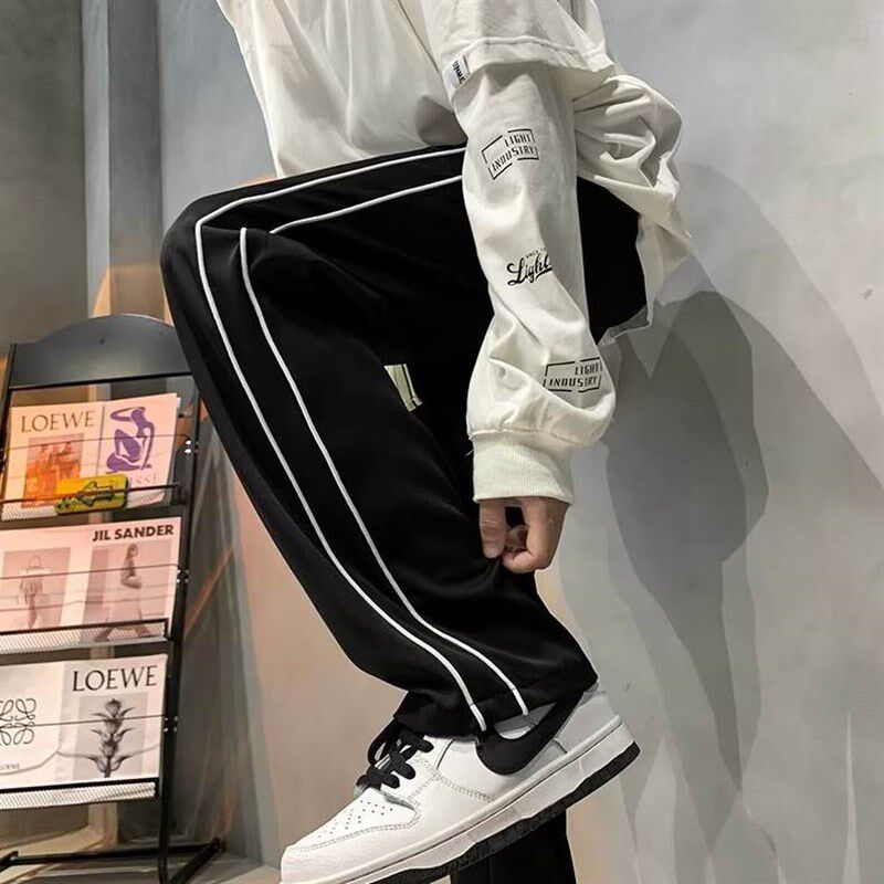 拼色设计阔腿休闲运动裤男女款中腰薄款宽松直筒垂感拖地显瘦长裤