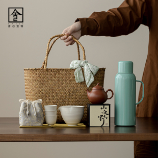 旅行茶具闷茶壶家用女士茶具茶杯紫砂壶户外大容量便携竹编手提篮