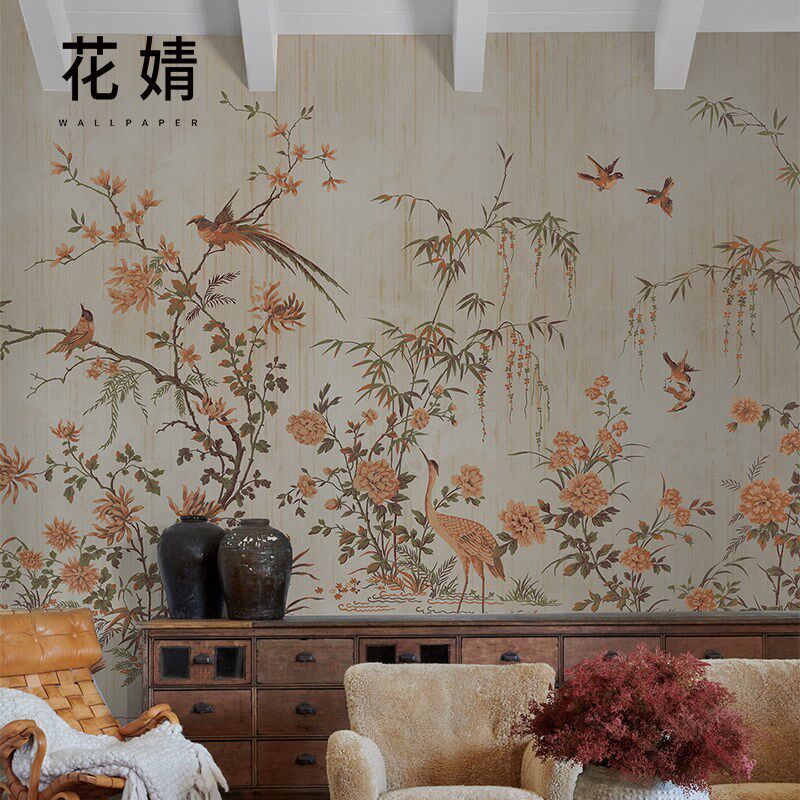 新中式花鸟墙纸客厅电视背景墙壁纸沙发卧室墙布定制壁画民宿壁布