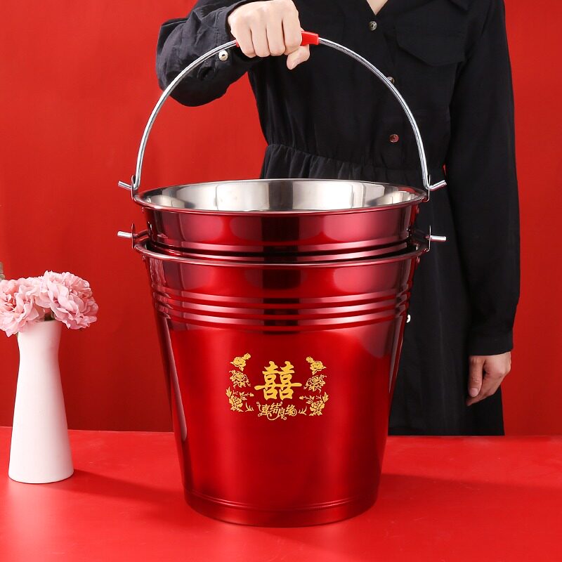 结婚喜桶大全红桶子n婚庆水桶不锈钢子孙桶乔迁新居铁桶加厚家用