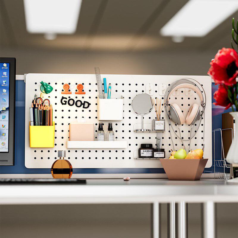 办公桌屏风洞洞板置物架免打孔隔断收纳办公室工位桌面上悬挂好物