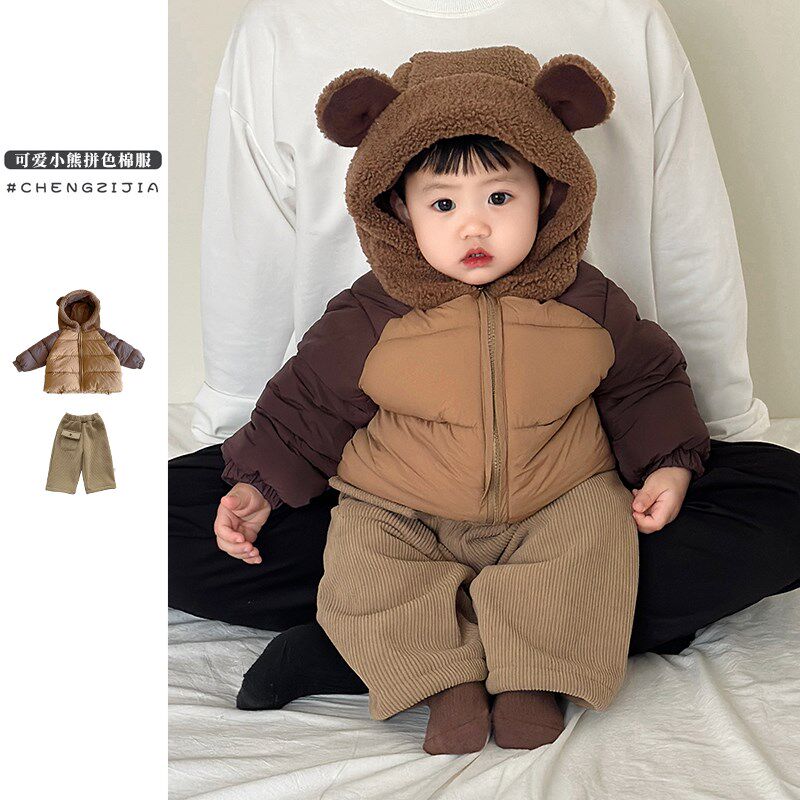 婴儿棉服套装冬季男童夹棉拼色小耳朵连帽棉衣洋T气宝宝保暖直筒