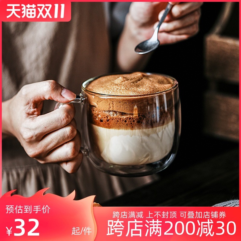 手工耐热双层玻璃m杯大容量咖啡牛奶马克杯女生高颜值水杯