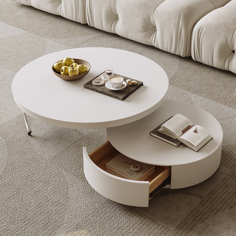 法式奶油风现代客厅家用办公创意设计可旋转不锈钢圆形伸缩圆茶几