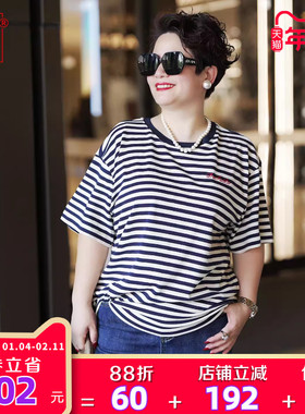 向红同学女装2025春夏新款纯棉全棉横条纹短袖休闲大码上衣SY116