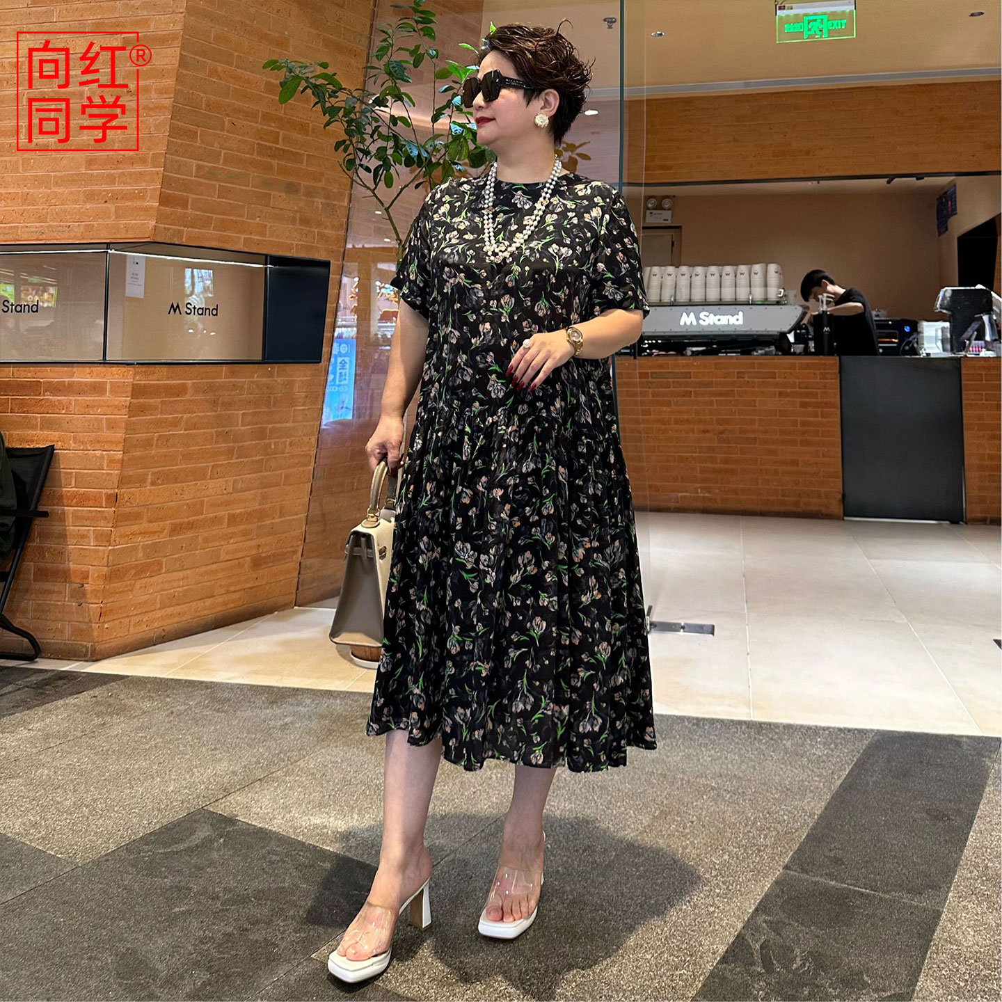 向红同学大富婆女装连衣裙夏女2025新款富态中式印花显瘦裙子0307