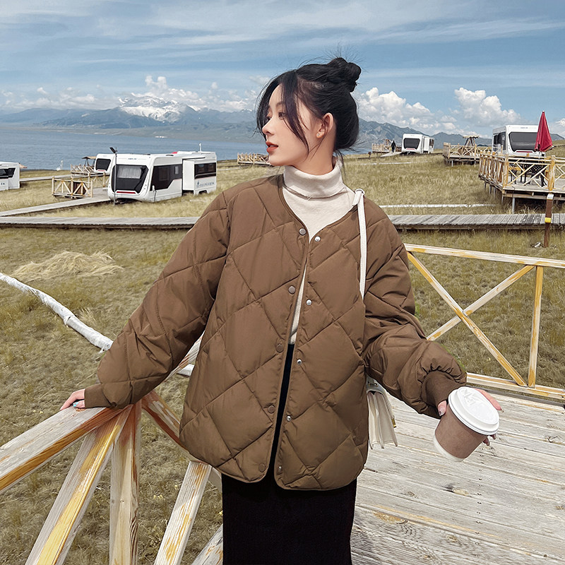 2024春季新款j棉服女宽松菱格圆领羽绒棉衣小个子短款学院风棉袄