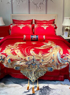 中式龙凤180S长绒棉提花四件套龙凤刺绣纯棉流苏红色被套床上用品