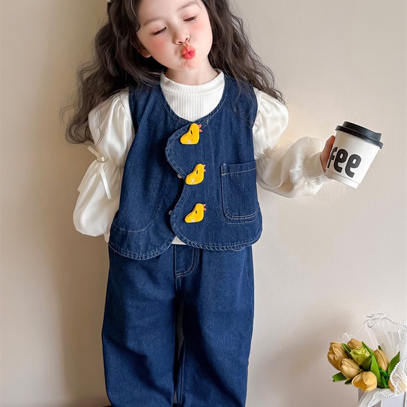 女小童春装娃娃衫牛仔三件套2025新款女宝宝洋气马甲阔腿裤套装潮