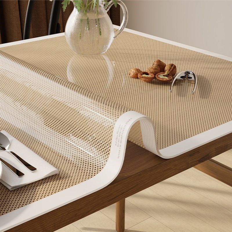 编织原木风桌垫软玻璃餐桌垫镂空透明防水防油免洗桌布桌面保护垫