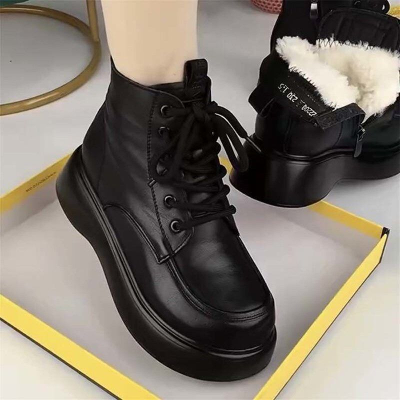 女款2025年新款皮鞋冬季加绒加B厚厚底平底保暖皮鞋棉靴棉鞋短靴