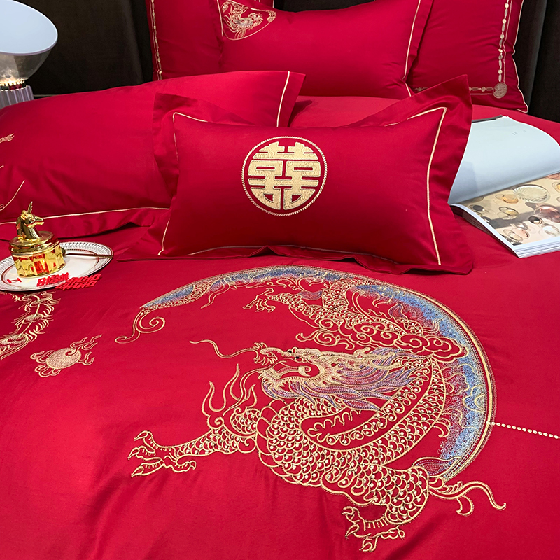 100S长绒棉新婚庆四件套大红色龙凤被套全棉结婚陪嫁床单床上用品
